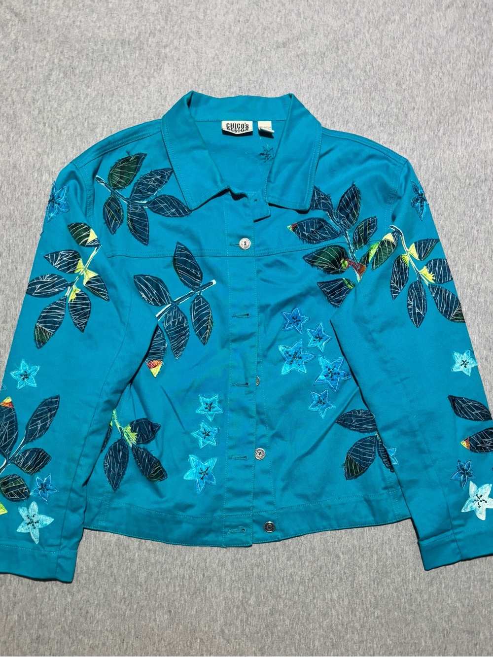 Chico's Teal Embroidered Leaf & Star Jacket